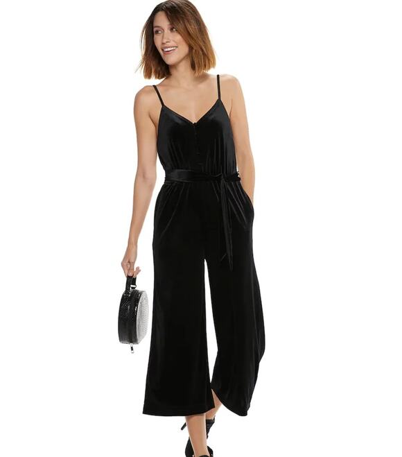 POPSUGAR Pants - Popsugar Velvet Cropped Wide-Leg Jumpsuit Jet Black Women's Size M NWOT $68